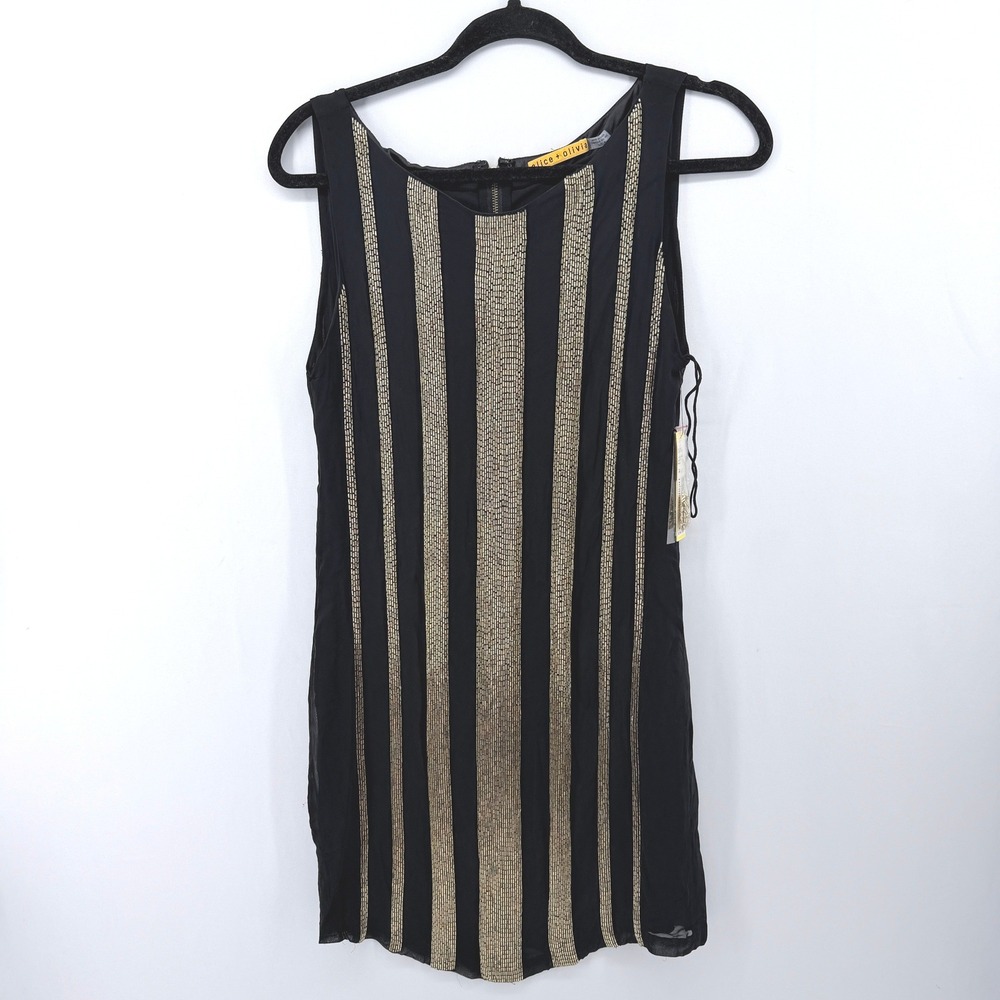 Alice + Olivia Black Silk Gold Beaded Stripe Mini Dress NWT Size 4 C207555531